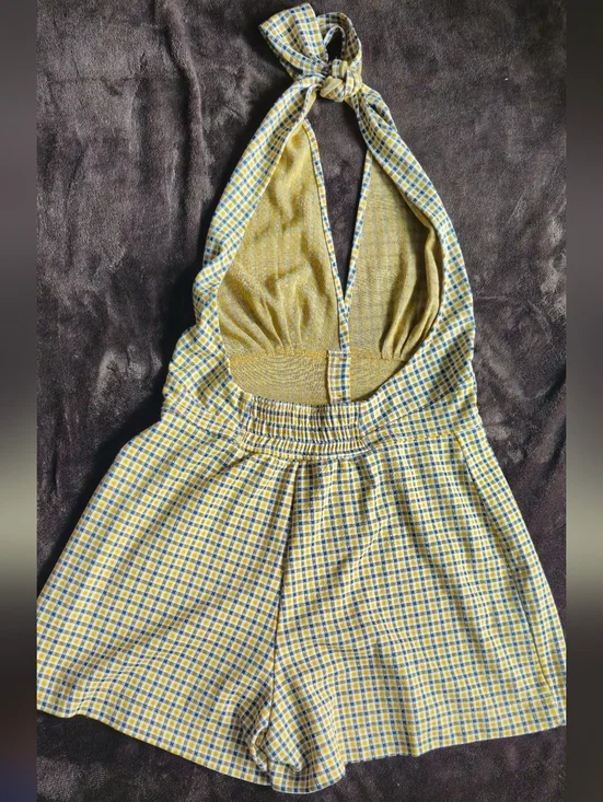 ASOS Yellow, Black & White Plaid Halter Shorts Romper/Jumper - Size 10 - Picture 2 of 4